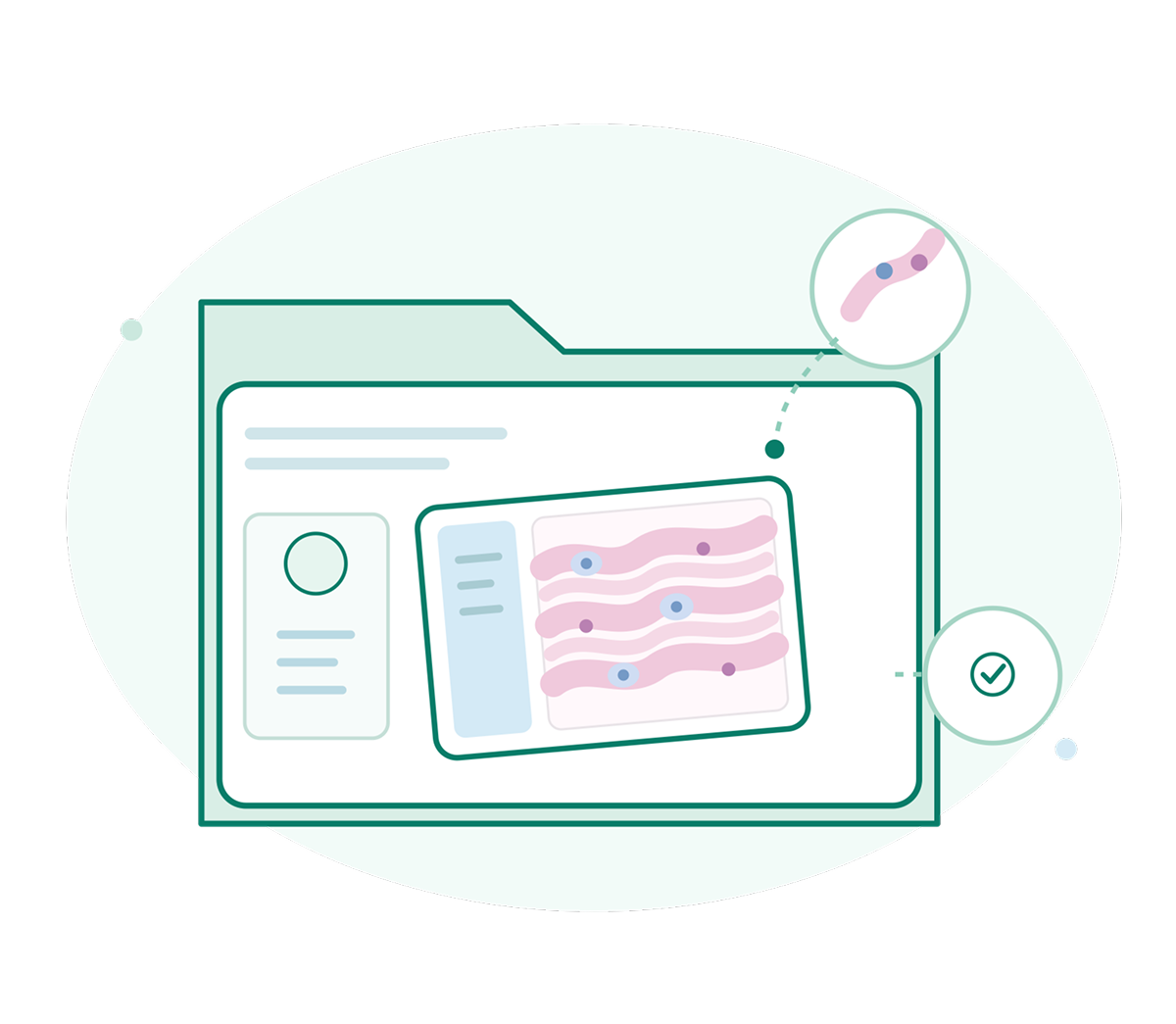 Illustrated folder interface showing a case-based learning digital pathology slide with annotations for medical education