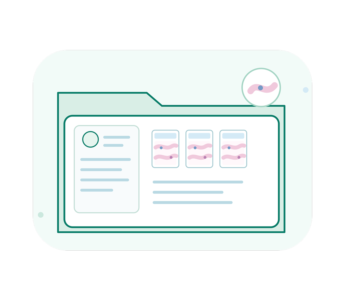 A clean medical infographic shows a patient record folder with text lines and three scan thumbnails, plus a magnified pink-and-blue image; calm, clinical tone.