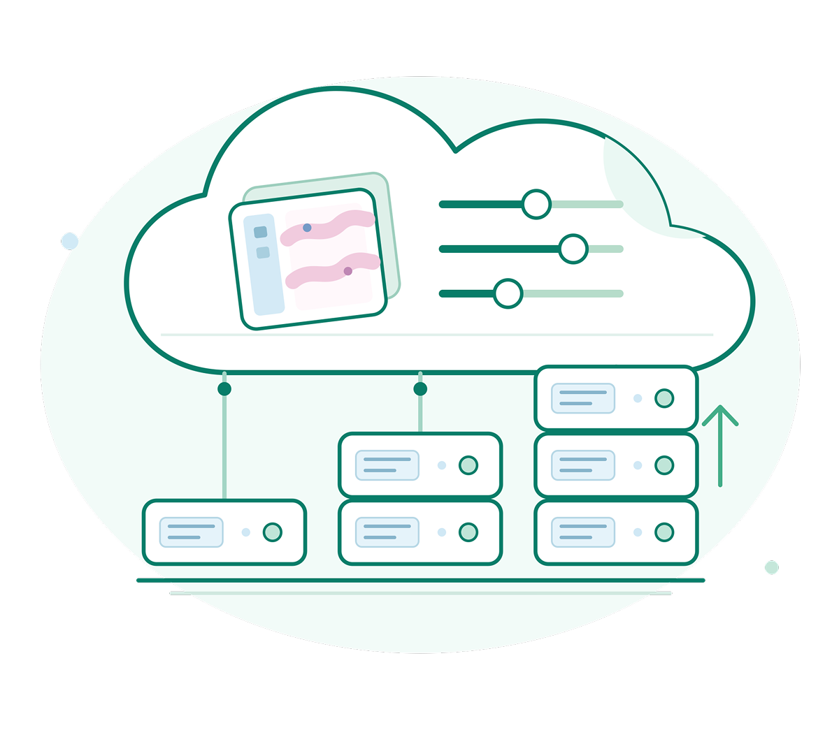 Cloud infrastructure management illustration for enterprise digital pathology with cloud controls and stacked server storage