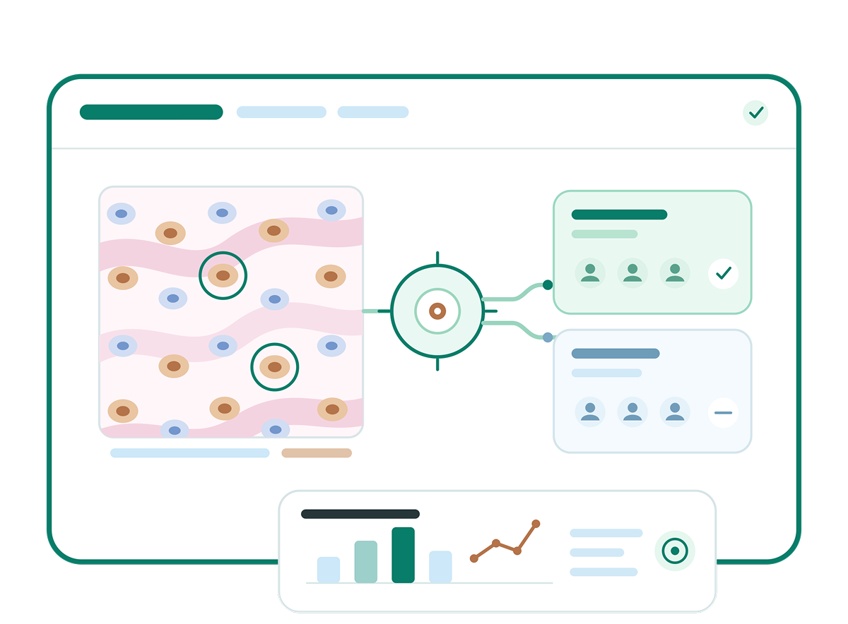 Companion diagnostics graphic showing tissue biomarker highlights connected to patient stratification cards and analytics
