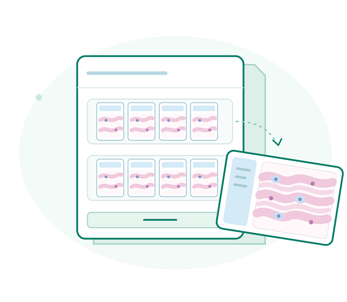 Grid of pink waveform thumbnails on a digital case repository interface with an enlarged detail panel.