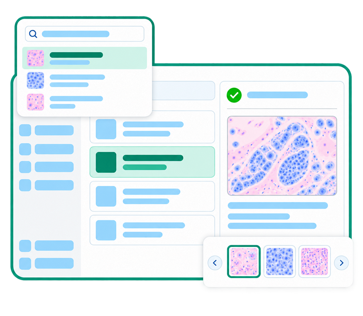 Digital Case Review interface showing centralized pathology workspace with whole slide image thumbnails and AI suggestions