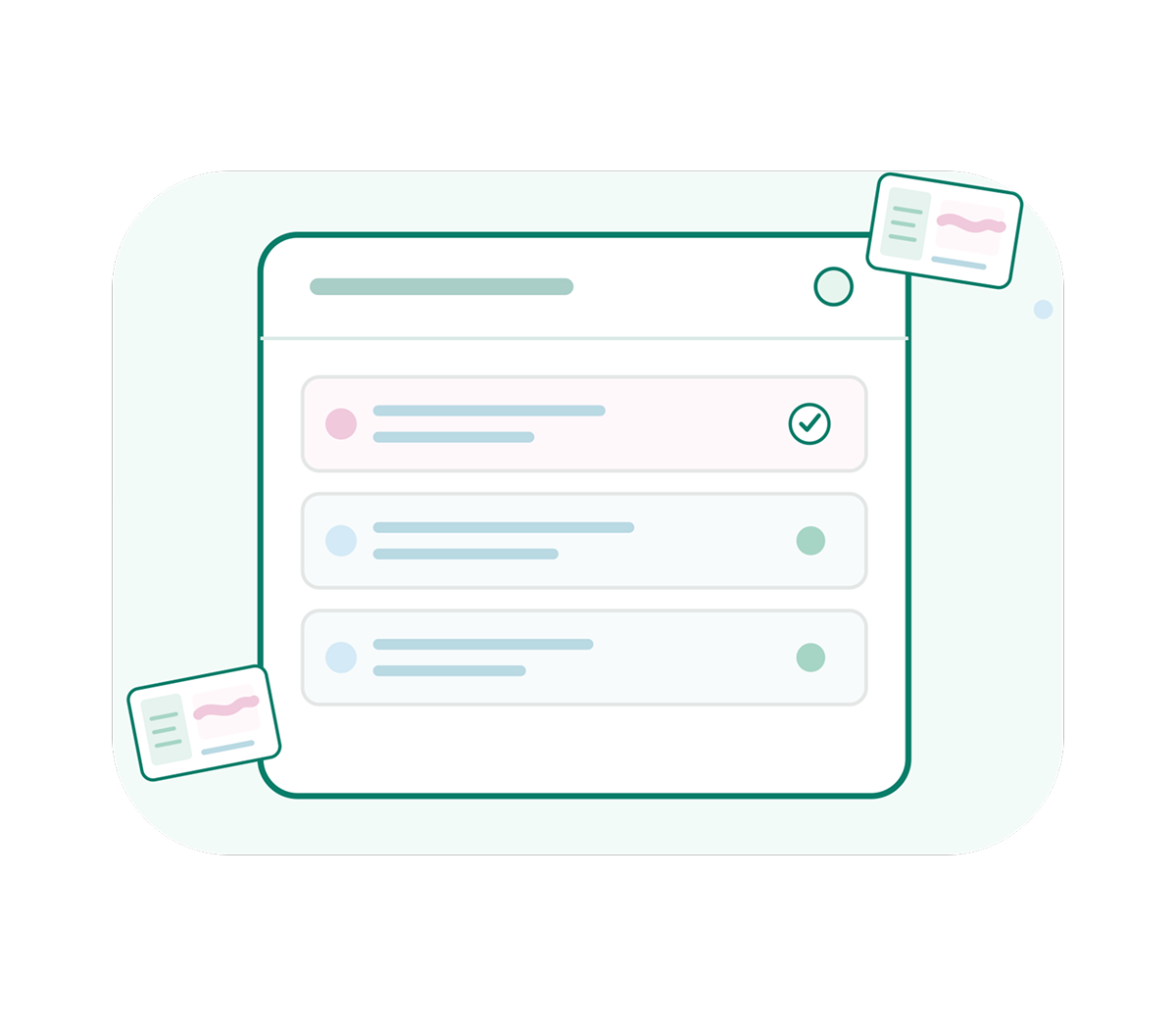 Illustration of a clean digital checklist with three rows, a checkmark marking one item complete, and small floating cards; the teal and pastel palette feels calm and organized.