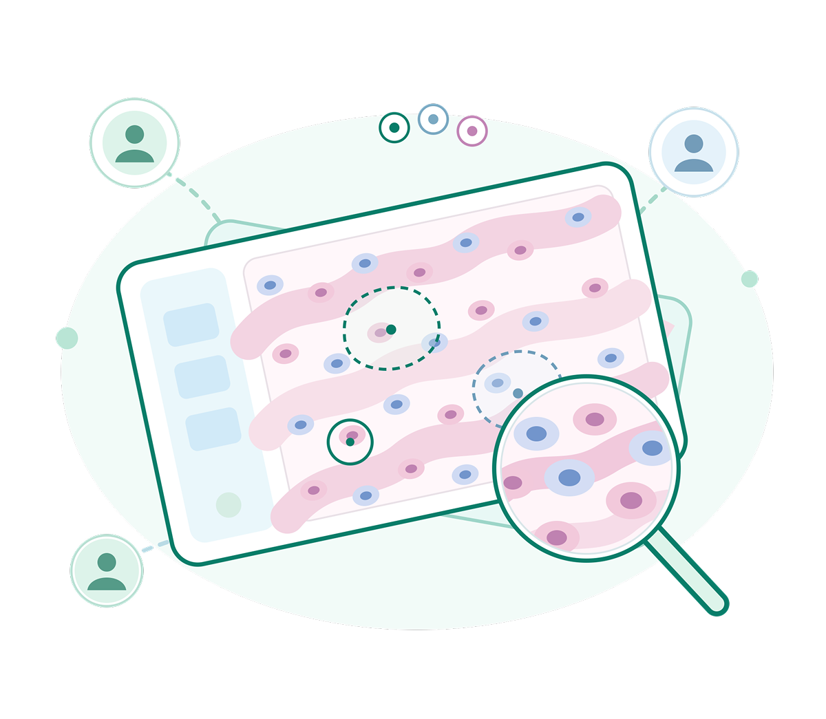 Digital histopathology illustration of a tablet displaying stained tissue sections with magnified cells and team icons