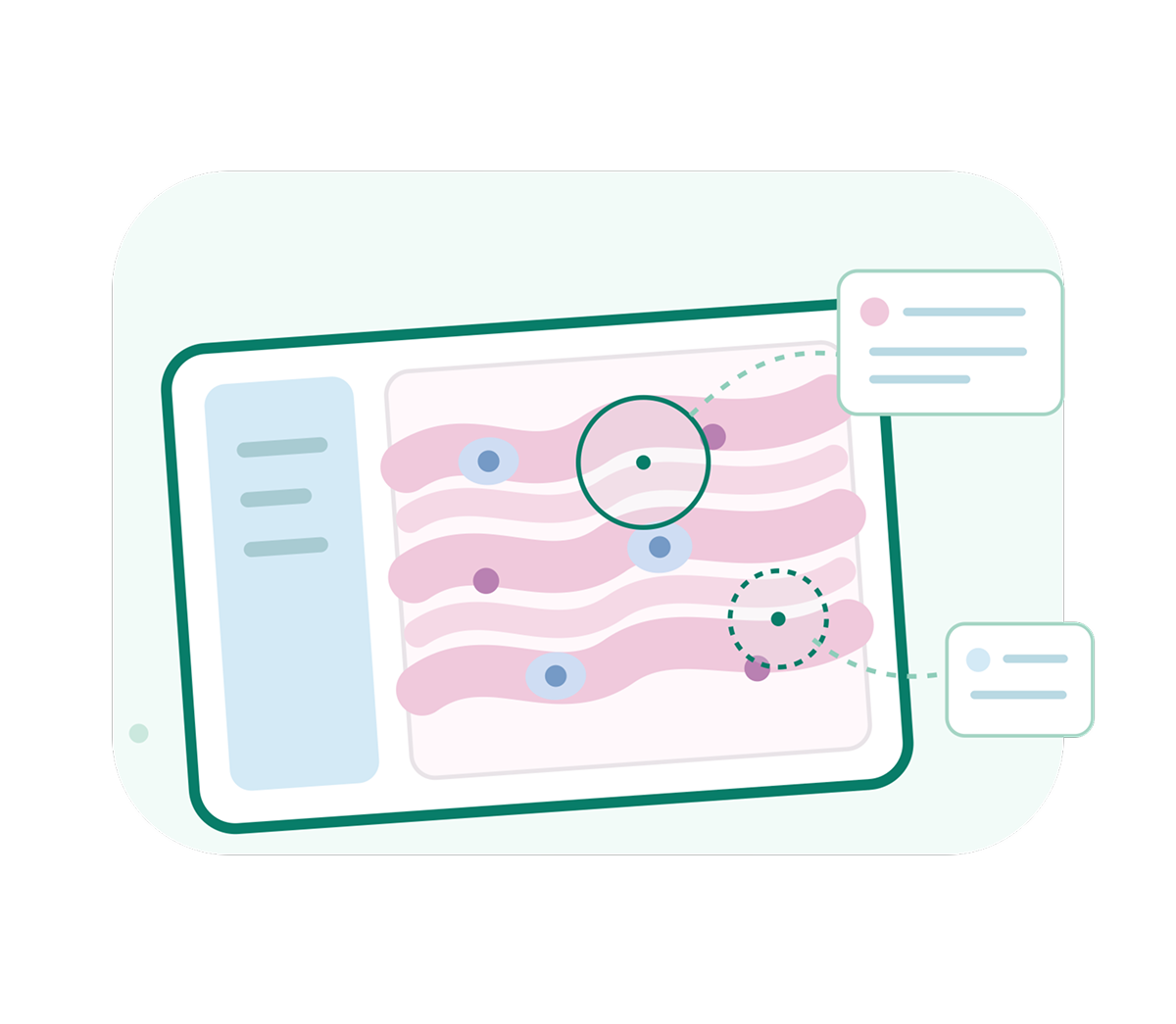 Illustration of a medical scan with layered pink tissue, blue markers, and highlighted points linked to data callouts; clean, calm clinical tone.