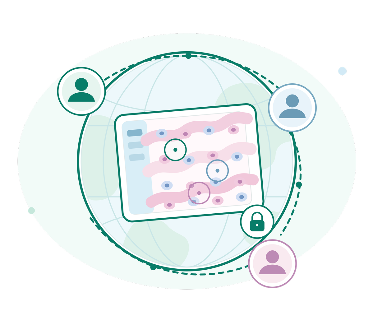Enterprise digital pathology multi-site collaboration graphic showing slide viewer, connected team icons, and security lock