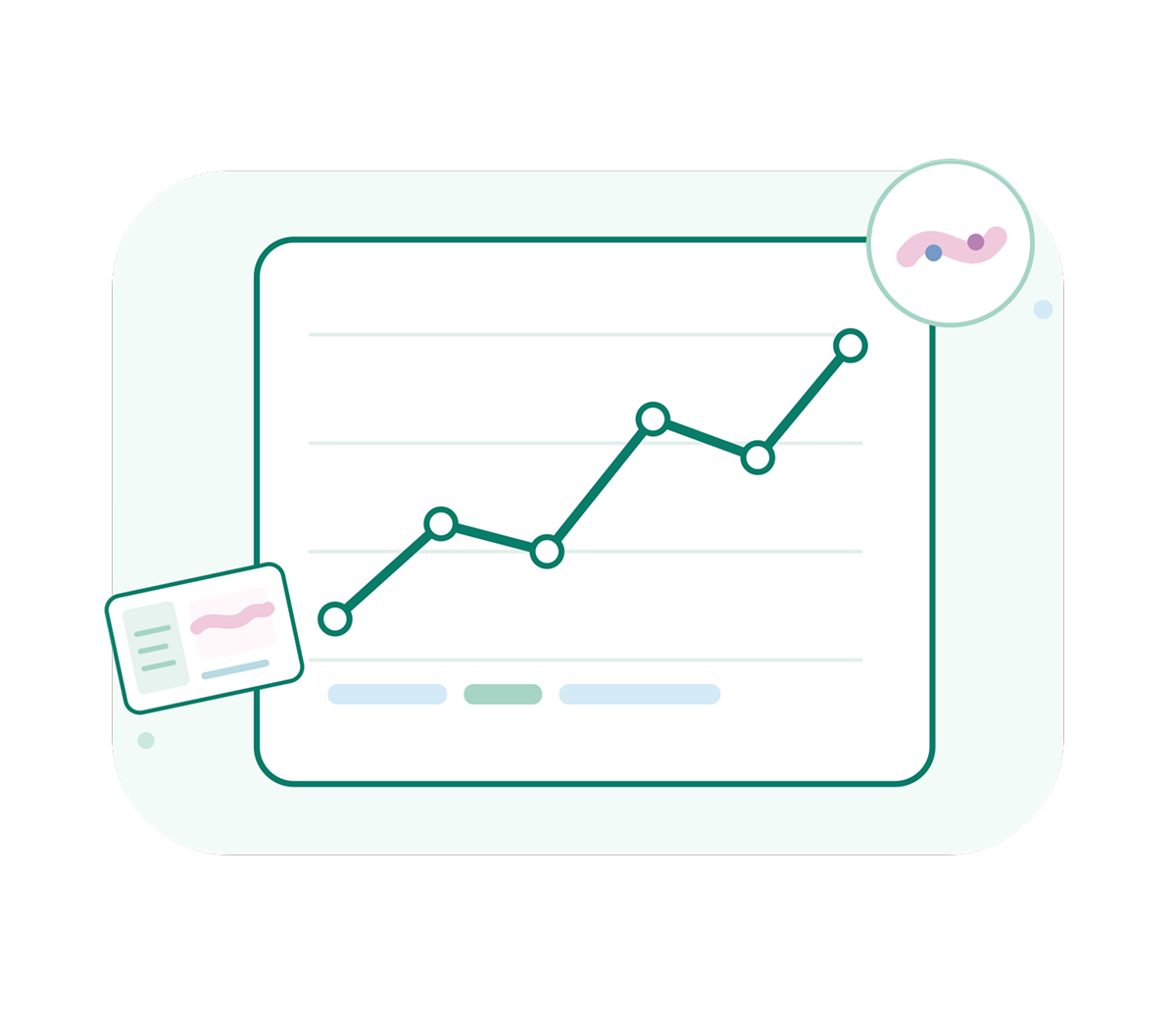 Illustration of an upward-trending teal line graph with circular data points, pastel chart bars, and a magnified detail, suggesting positive growth and progress.