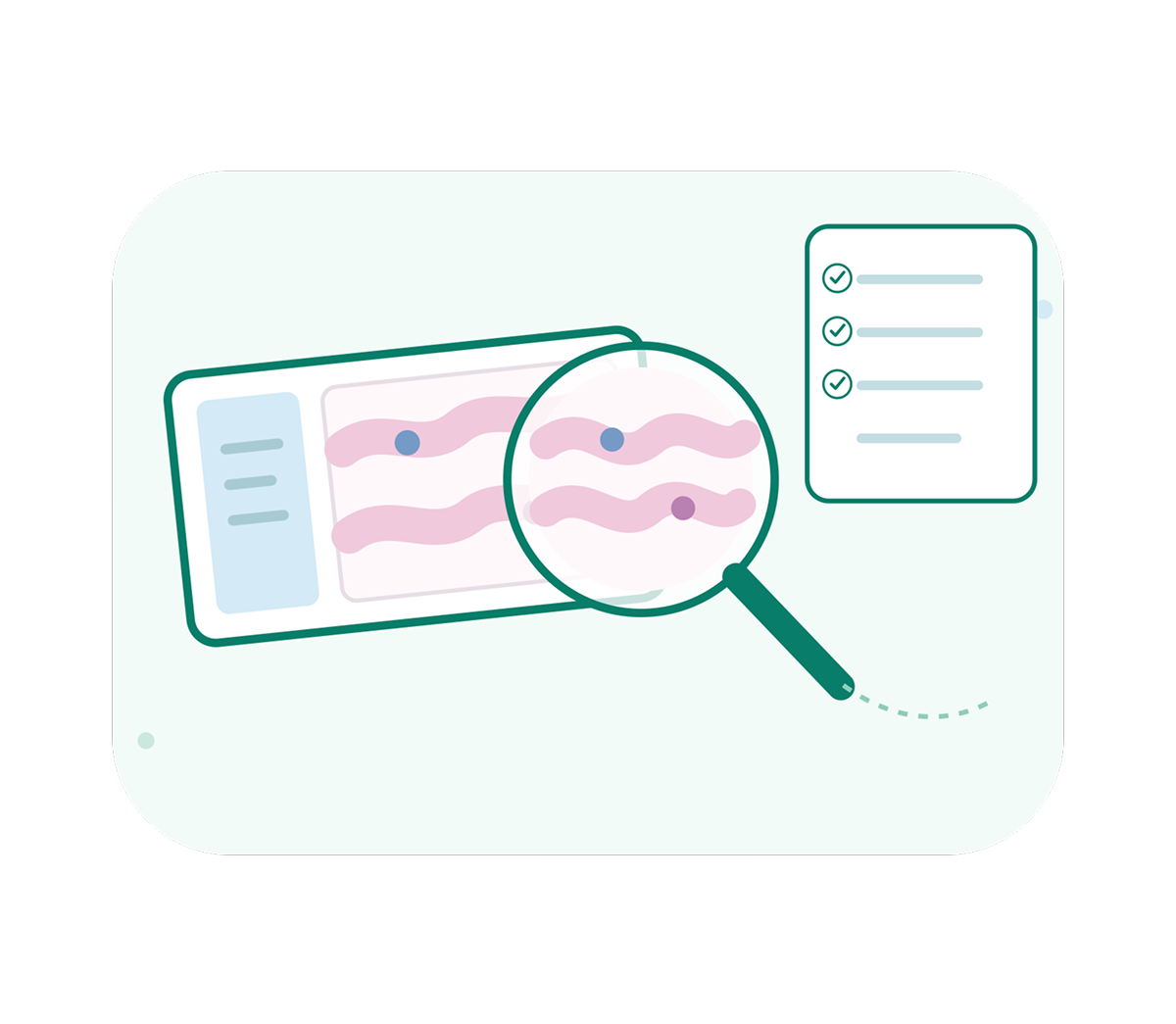Illustration of a magnifying glass inspecting a pink, wavy chart beside a checklist, suggesting careful review and quality assurance in a calm, clean style.