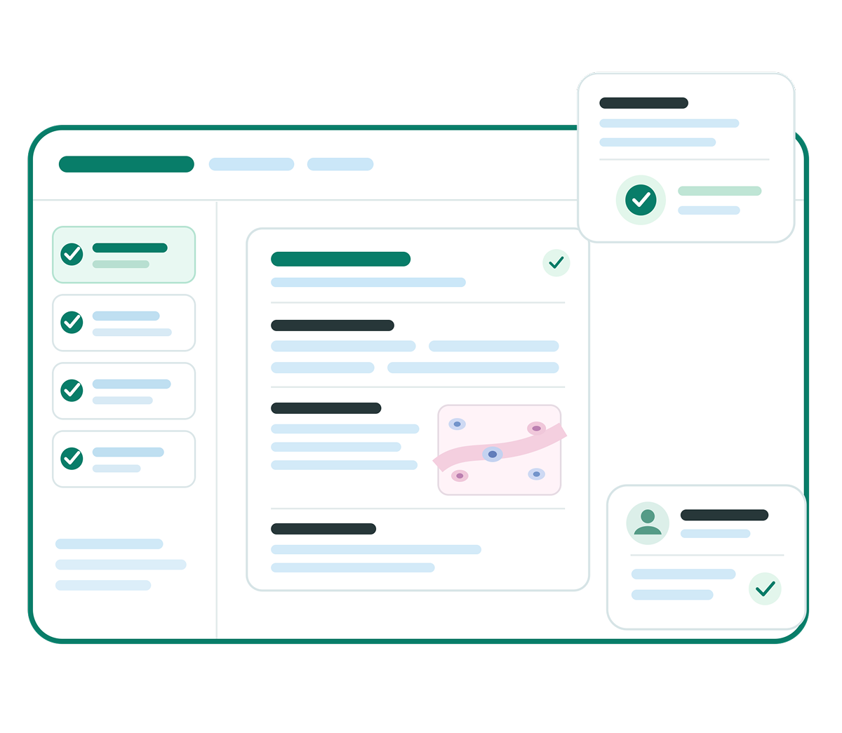 Digital pathology reporting interface showing structured report templates, case management panel, and collaboration notes