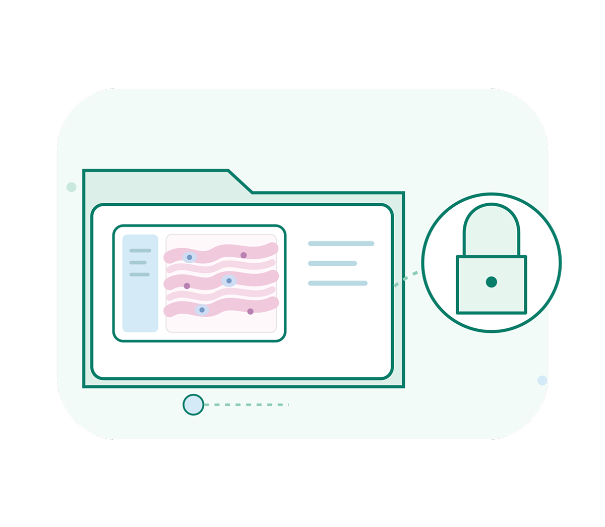A teal digital document folder contains a stylized medical record with pink data lines, linked to a padlock icon, suggesting secure health information.