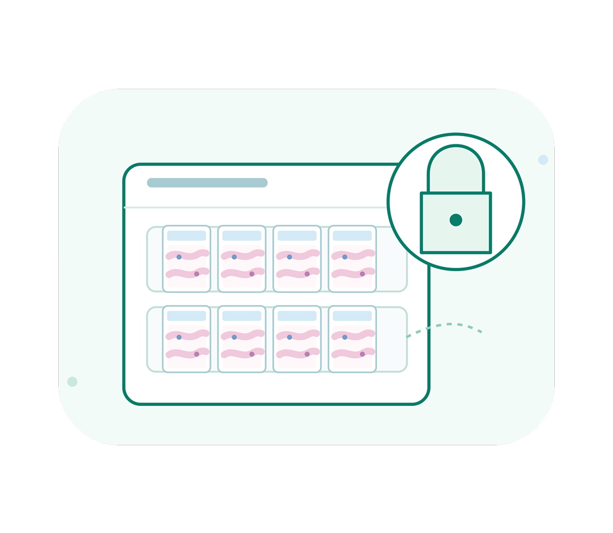 A clean healthcare-style illustration shows eight medical records in a secure browser window, highlighted by a large padlock icon, conveying privacy and data protection.
