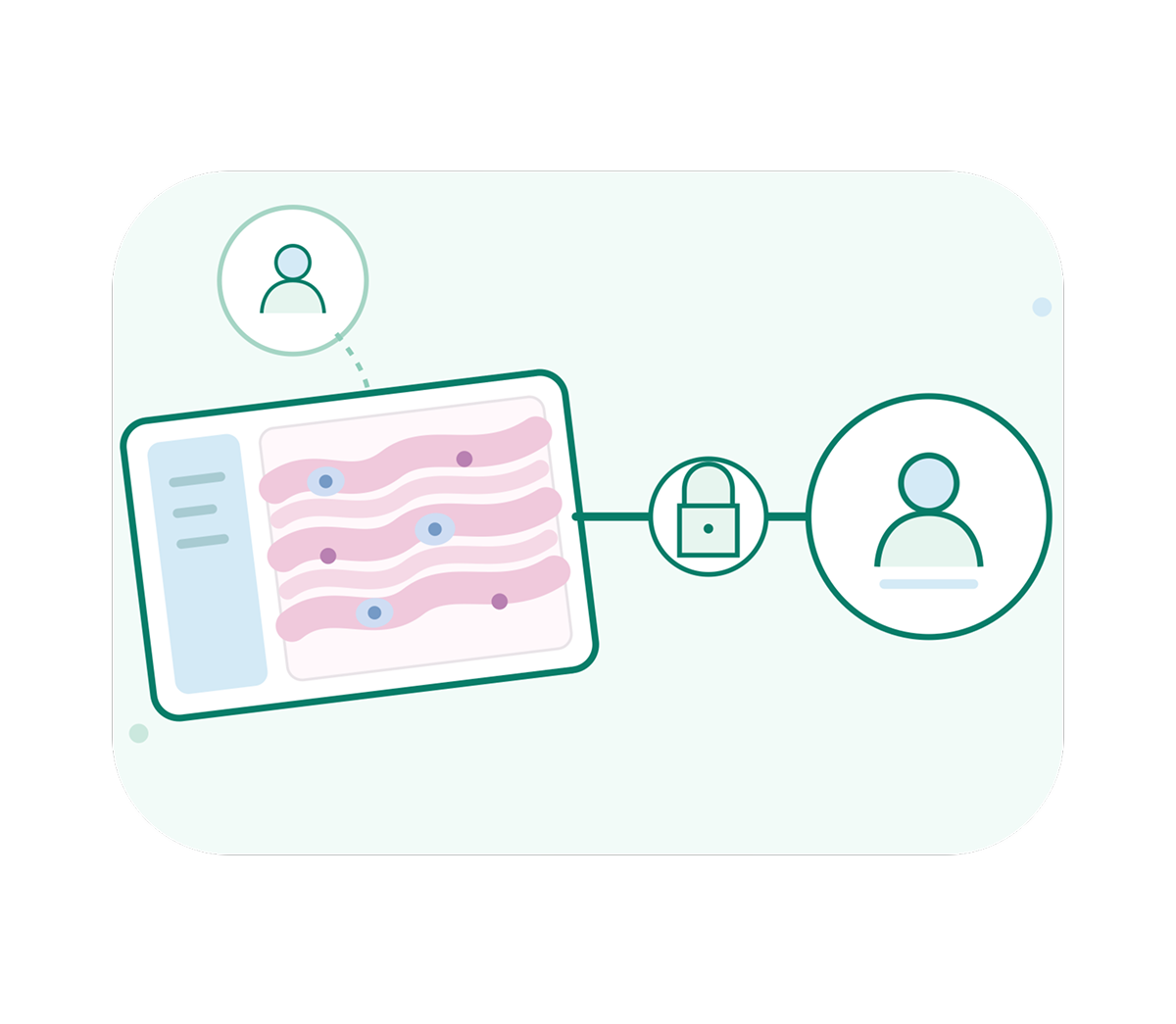 Illustration of a secure digital health record: a medical chart with data points connects through a padlock to a user profile, conveying privacy and protection.