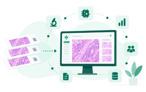 Digital pathology solution overview showing scanned slides feeding a monitor with AI, analytics, database and team icons