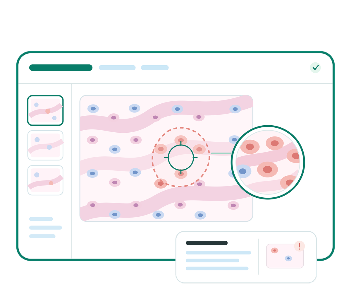 Digital pathology view for toxicology studies with lesion annotation, magnified region, and AI-assisted quantification tools