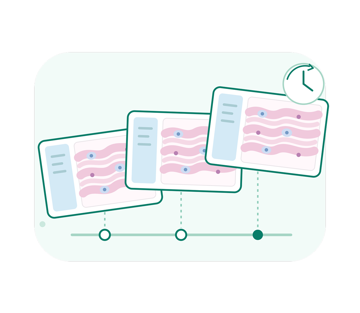 Three overlapping timeline cards show wavy pink data lines with blue markers, a clock, and progress dots—an infographic about tracking data over time.