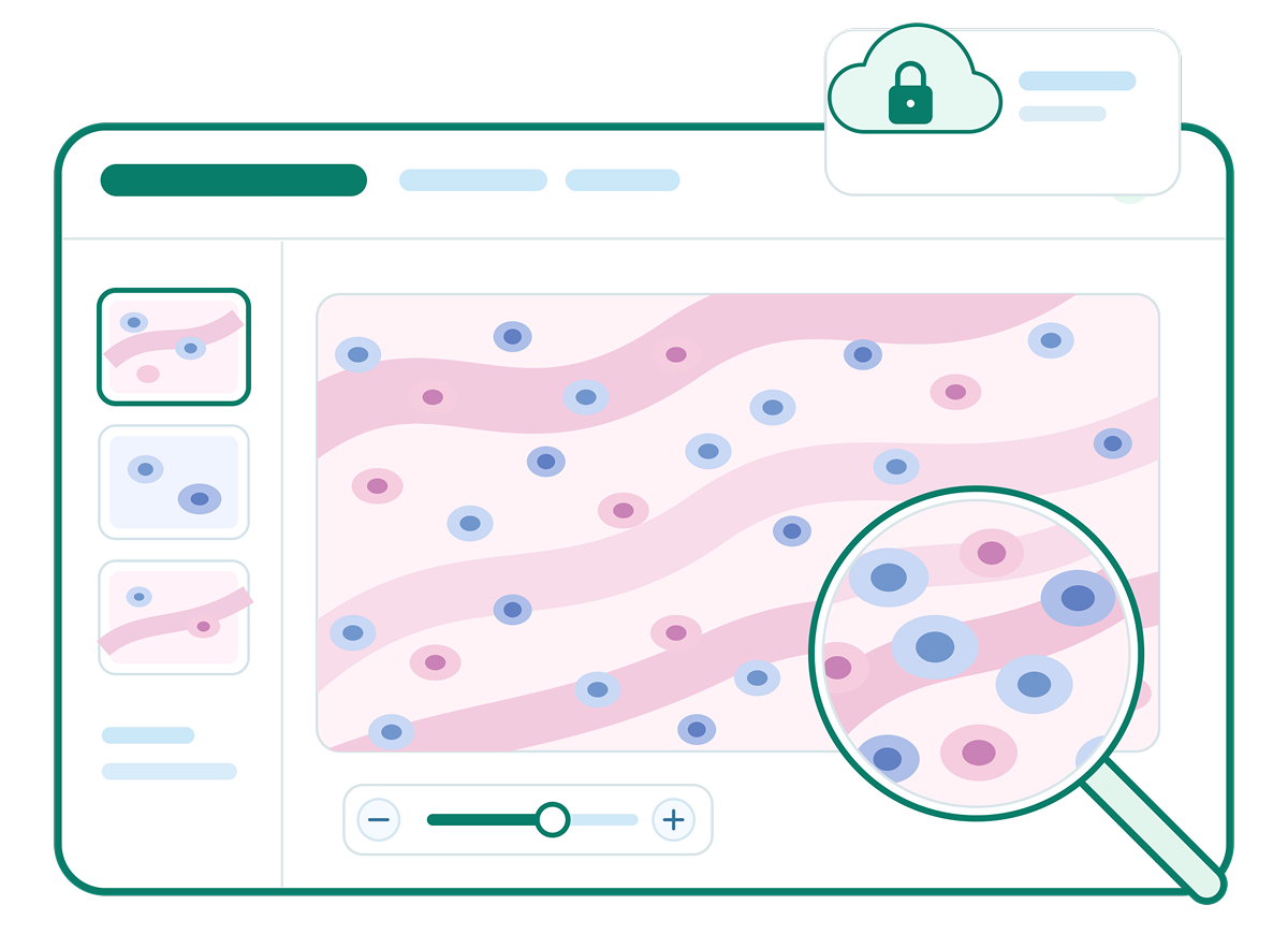 WSI digital pathology viewer with high-resolution whole slide image, zoom magnifier, thumbnails and cloud security icon