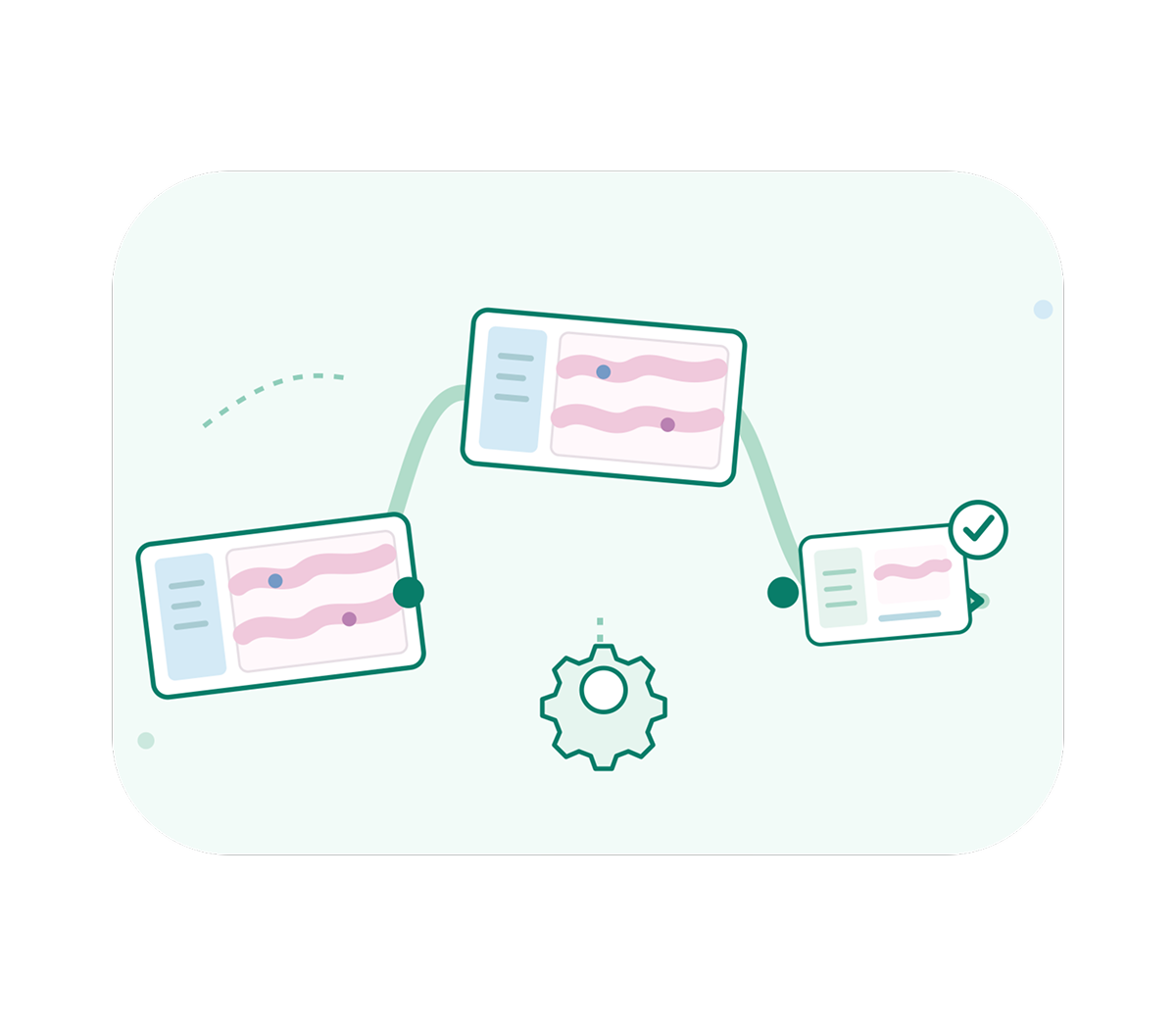 Illustration of medical records flowing between screens and a central gear, ending with a green checkmark; pale colors convey an organized, reassuring healthcare process.