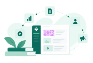 Illustration of an online resources dashboard with e-learning modules, videos, documents, analytics icons and stacked books