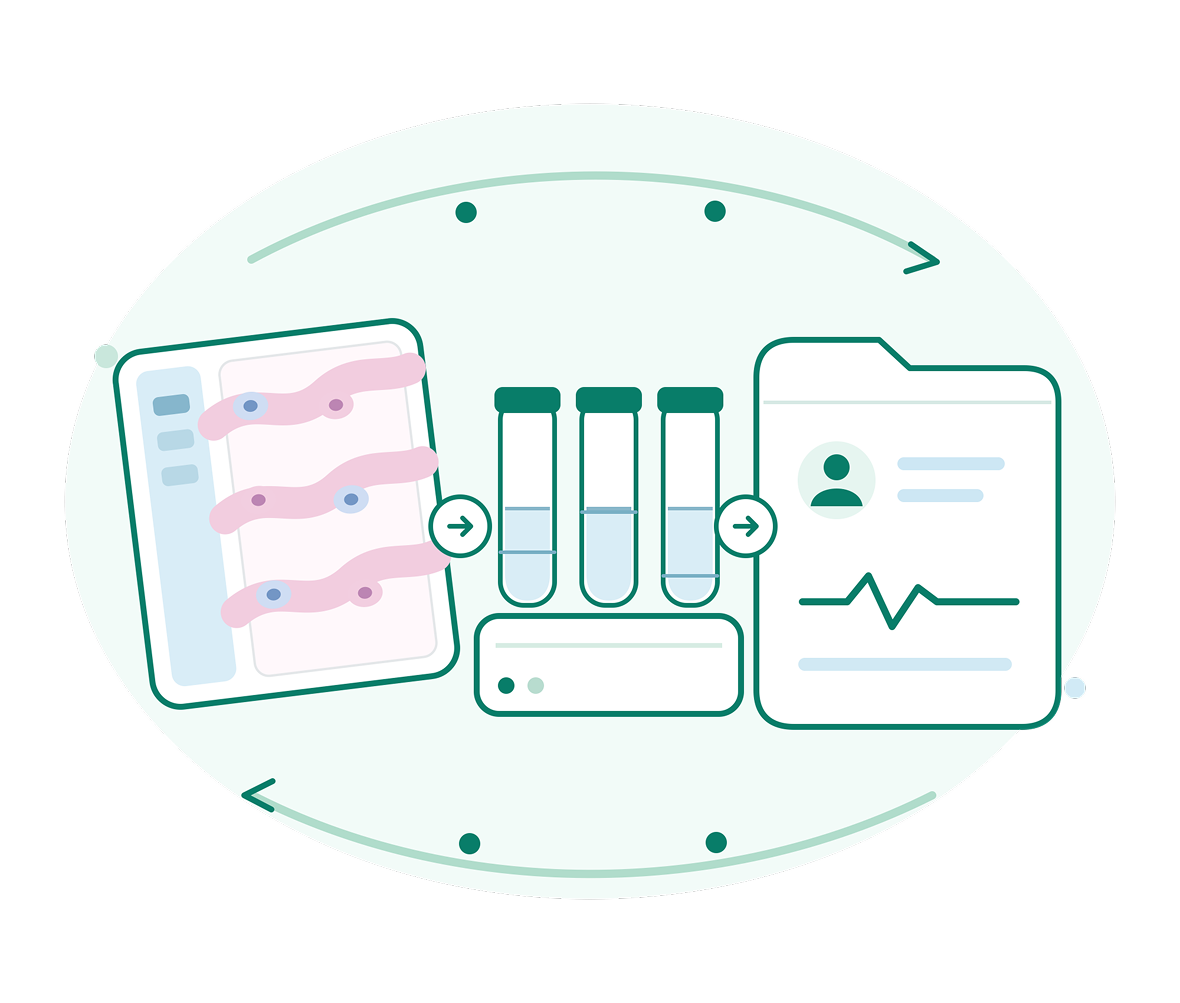 Minimalist healthcare infographic showing a medical record, three test tubes, and a patient profile with a heartbeat line, linked by arrows; calm, clean clinical tone.