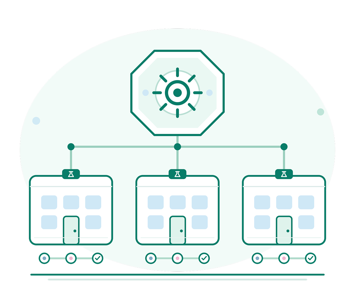 Centralized AI hub linked to three pathology labs in an enterprise digital pathology network with workflow status indicators