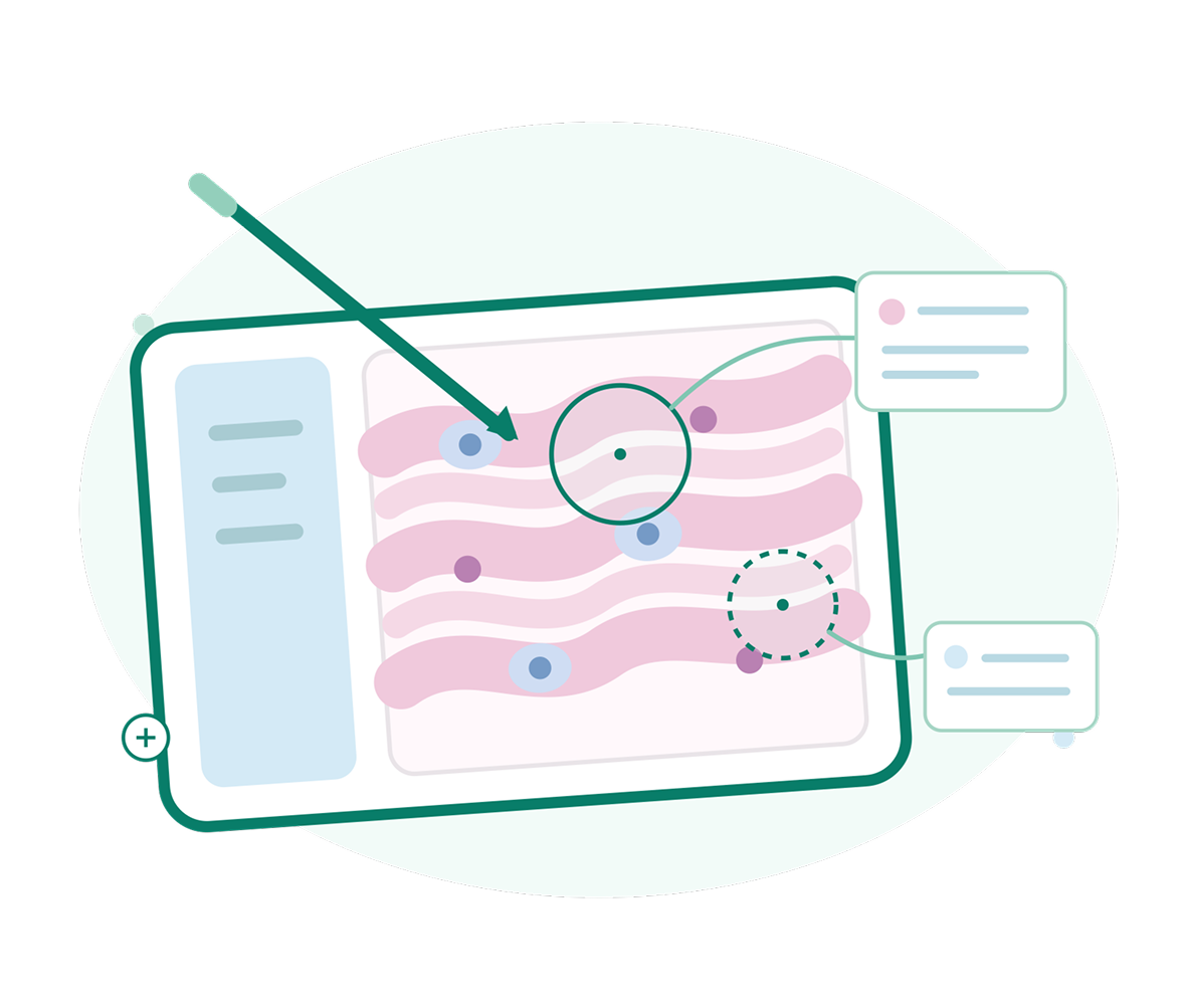 Illustration of an annotated interface: a green arrow points to a blue marker among pink wavy lines, with magnified callouts and a calm, instructional tone.