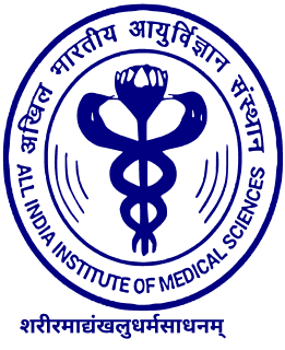 Logo of the All India Institute of Medical Sciences featuring a caduceus symbol and text in Hindi and English.
