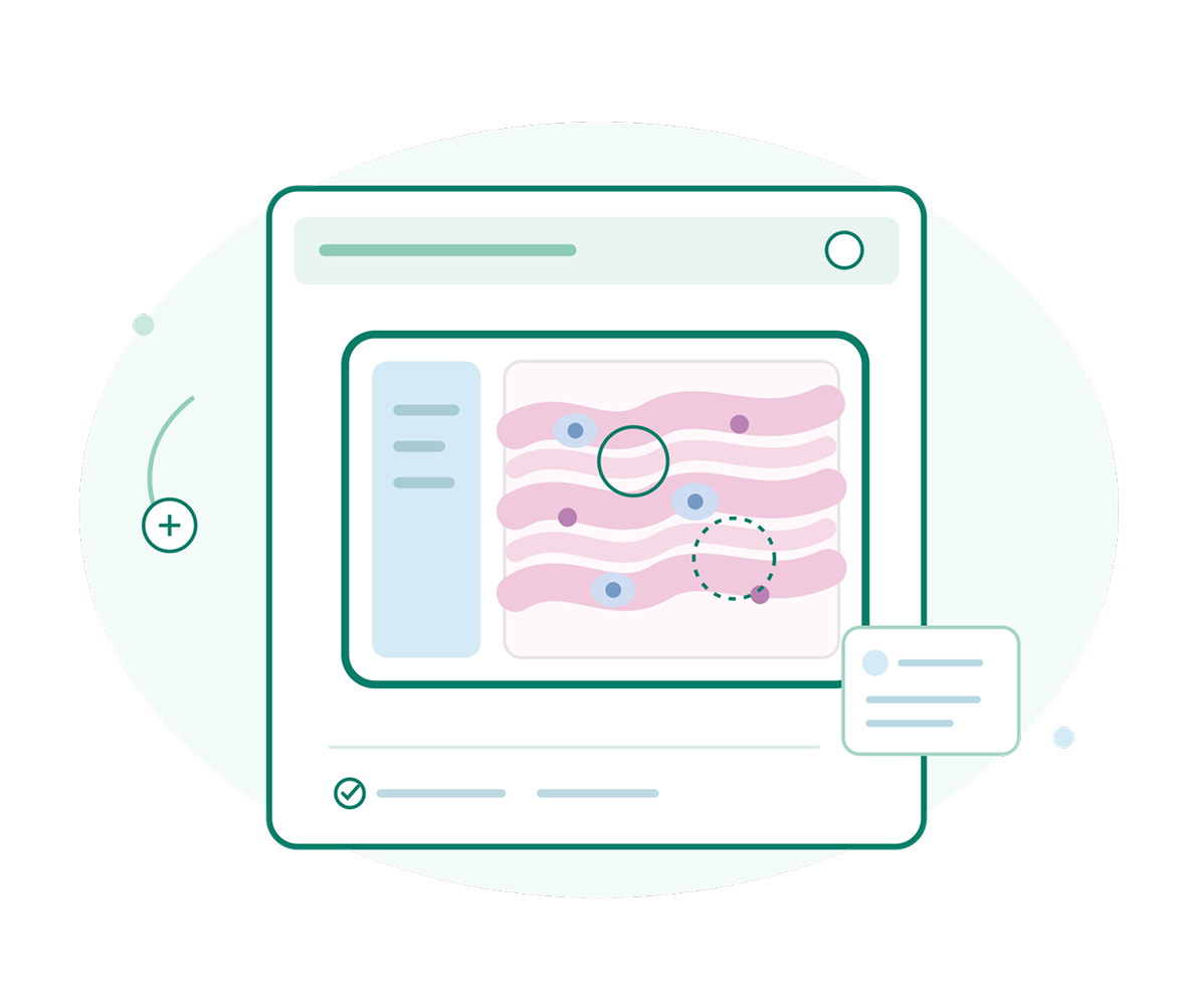 A teal-and-pink medical dashboard shows layered tissue-like shapes, marked cells, and a magnified area, suggesting a calm, clinical health analysis.