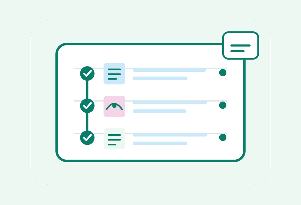 Illustration of a checklist dashboard with three connected green checkmarks, task bars, and a menu icon, conveying organized progress and task completion.