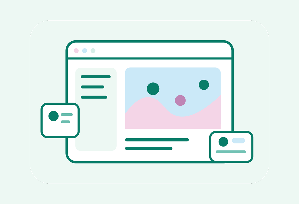Illustration of a browser window with a colorful abstract landscape, menu lines, and floating profile cards, suggesting a friendly, modern website interface.