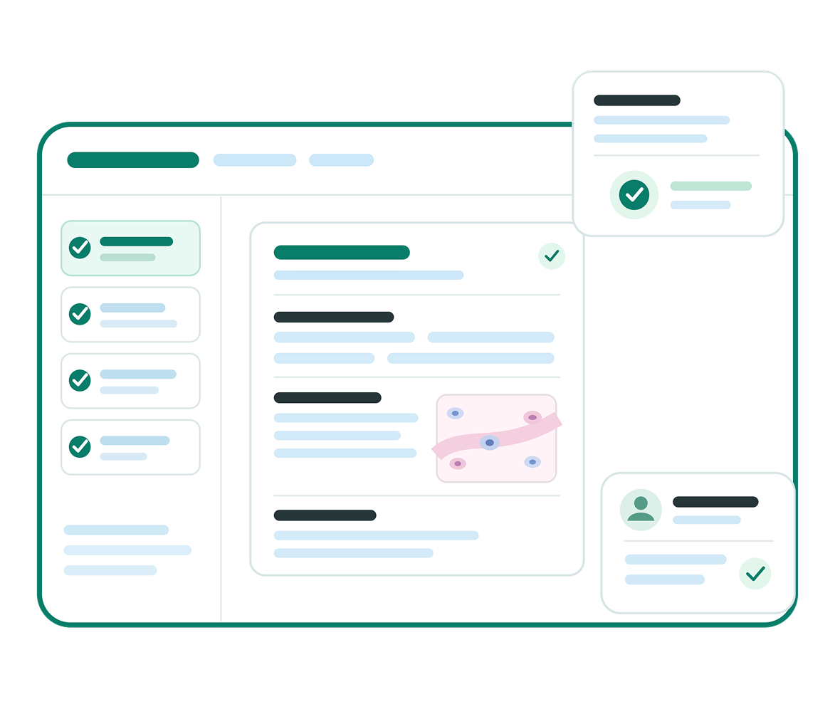 A clean healthcare checklist dashboard shows completed tasks, patient records, a simple trend chart, and approval checkmarks, conveying calm, organized care.