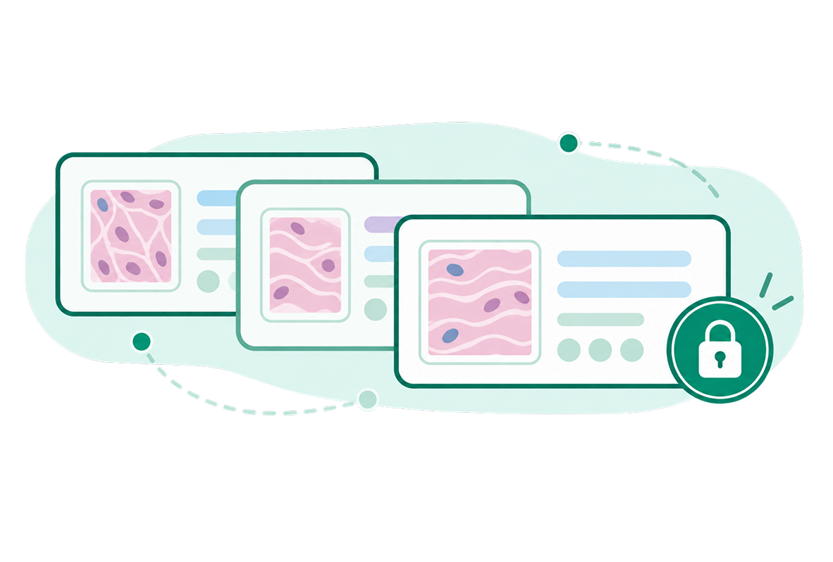 Three overlapping medical record cards show pink tissue microscopy images and blue-green data lines, with a padlock indicating secure health information; clean, reassuring style.