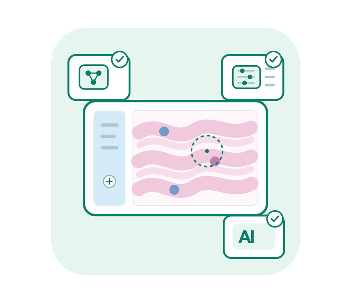 Flat illustration of an AI analysis dashboard with pink data layers, blue markers, and a highlighted target, surrounded by green check marks for validated results.