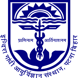 Logo of Indira Gandhi Institute of Ayurvedic Science, featuring a caduceus and lotus design, symbolizing health and wellness.