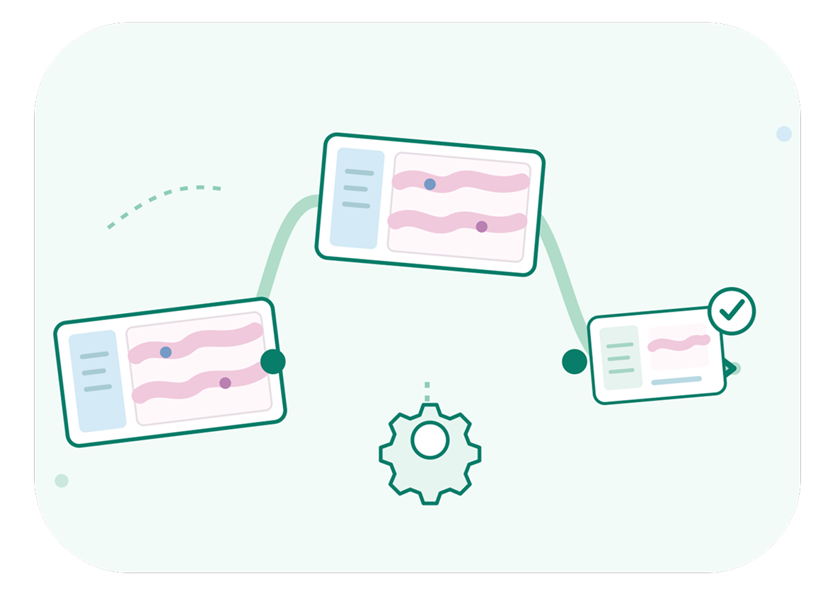 A clean medical infographic shows patient records moving between digital cards, with a gear and a checkmark suggesting secure, automated data processing.