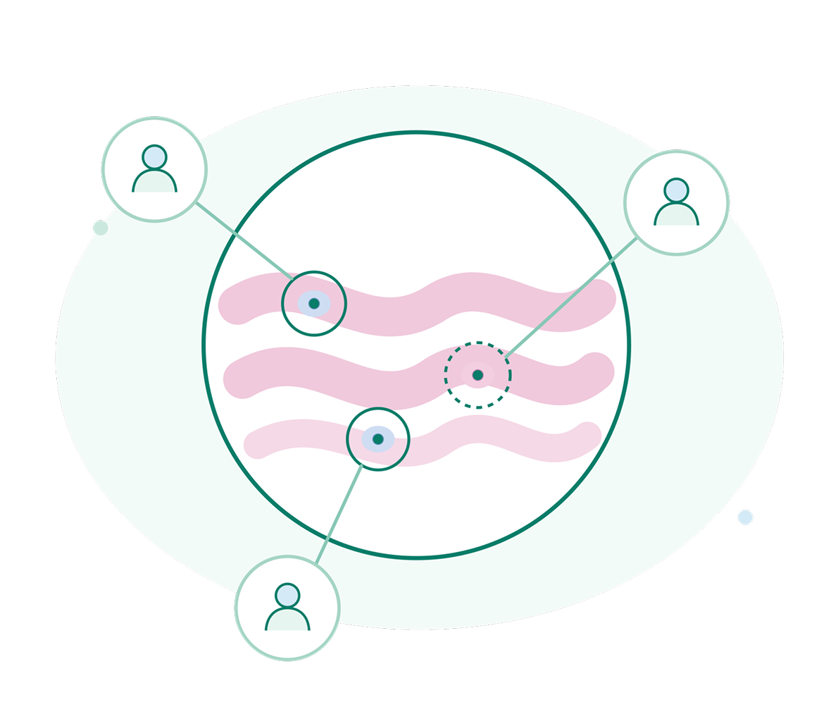 Abstract network diagram on a pale oval: three user icons connect to highlighted nodes within a teal circle, over pink wavy paths, suggesting collaboration.