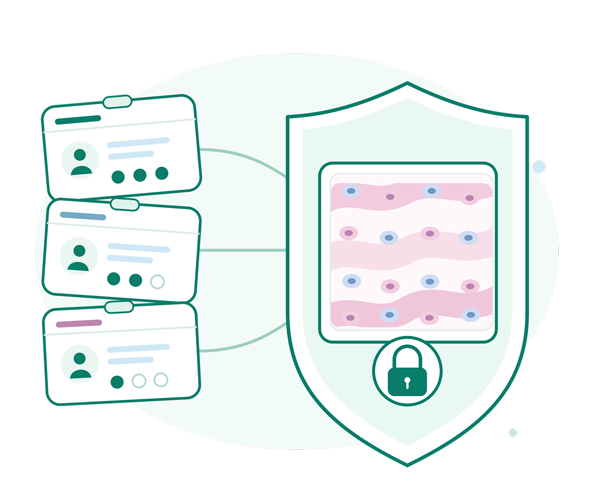 Three patient profile cards connect to a large protective shield containing a layered tissue diagram and padlock, illustrating secure health data and privacy in a calm, reassuring style.