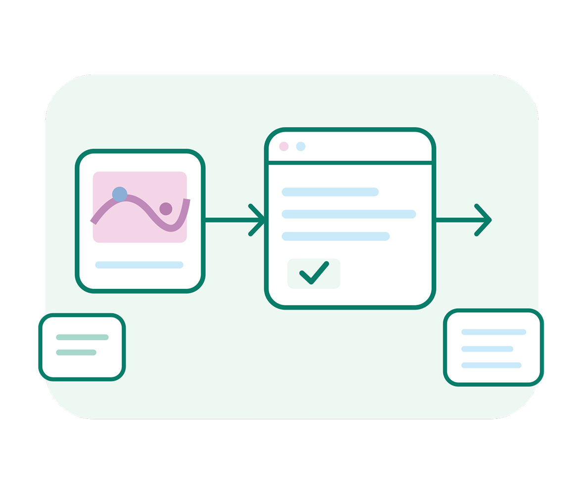 A mint panel illustrates a workflow: an analytics chart card leads to a browser window with a checkmark, then an arrow points onward; calm, clean design.