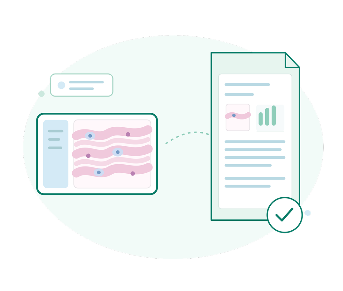 Illustration of a health report: a chart with pink data bands and blue markers links to a document with a graph and green check, conveying verified results.