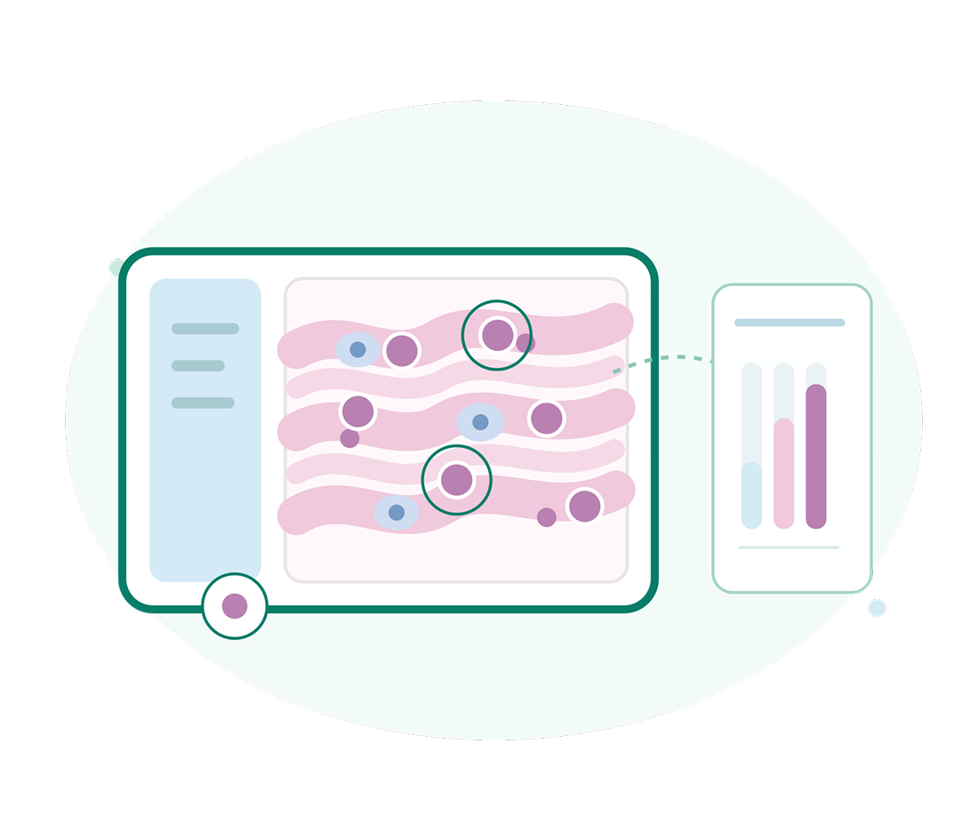 Illustration of a skincare analysis dashboard showing layered pink skin tissue, highlighted cells, and a small bar chart, suggesting clinical, data-driven care.