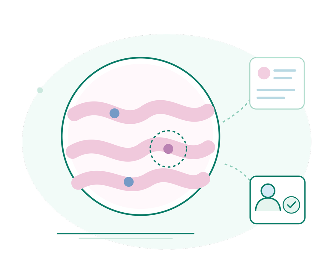 Illustration of a magnified biological sample with pink wavy strands and blue and purple markers, linked to profile and checklist icons; clean, reassuring tone.