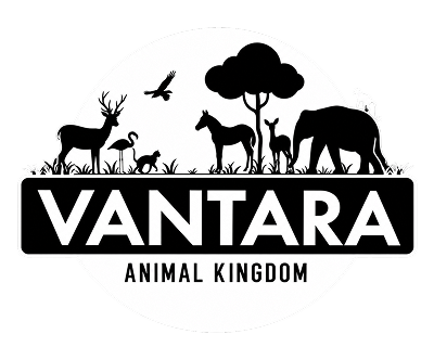 Vantara Animal Kingdom logo featuring silhouettes of various animals and trees on a circular background.