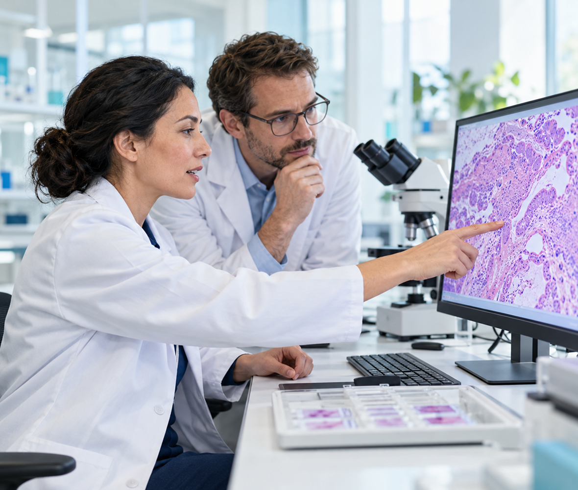 Two scientists in lab coats analyze tissue samples on a computer screen in a modern laboratory setting.