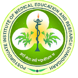 Logo of Postgraduate Institute of Medical Education and Research, Chandigarh, featuring a caduceus and green leaves.
