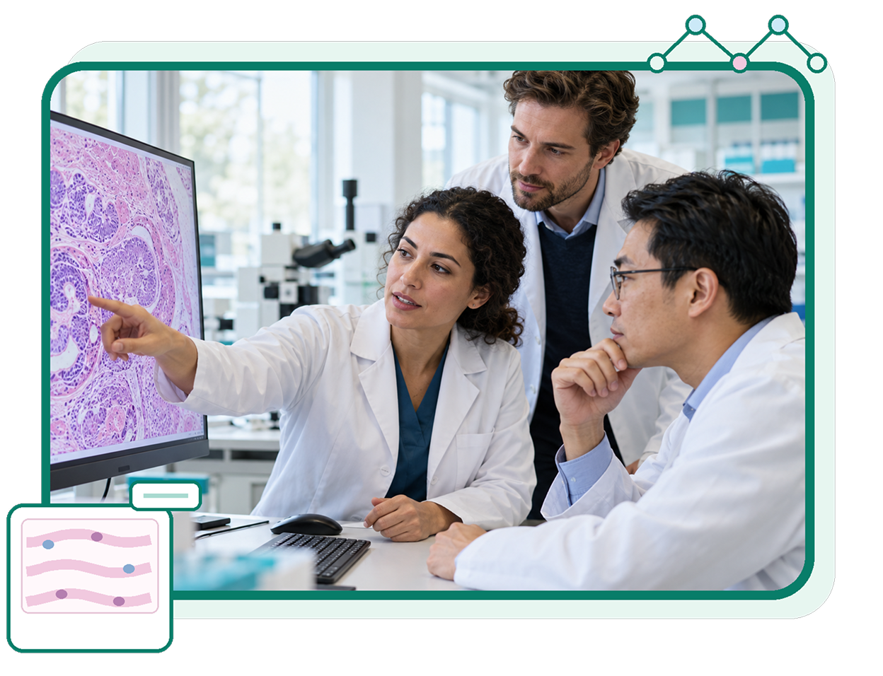 Three scientists in lab coats discuss research findings displayed on a computer screen in a modern laboratory setting.
