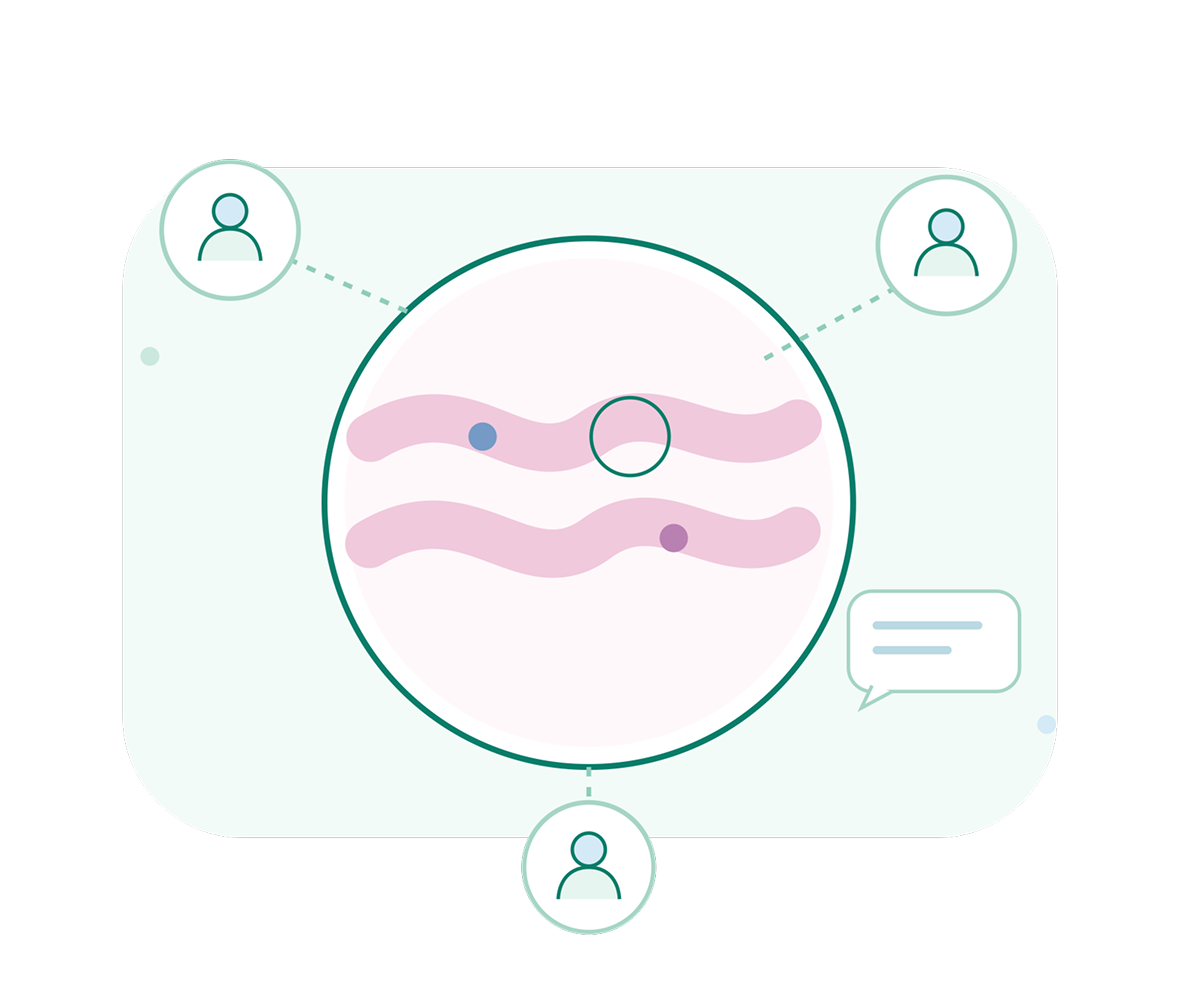 Illustration of three people connected to a magnified view of pink wavy lines and colored dots, suggesting shared discussion or collaboration in a calm, friendly tone.