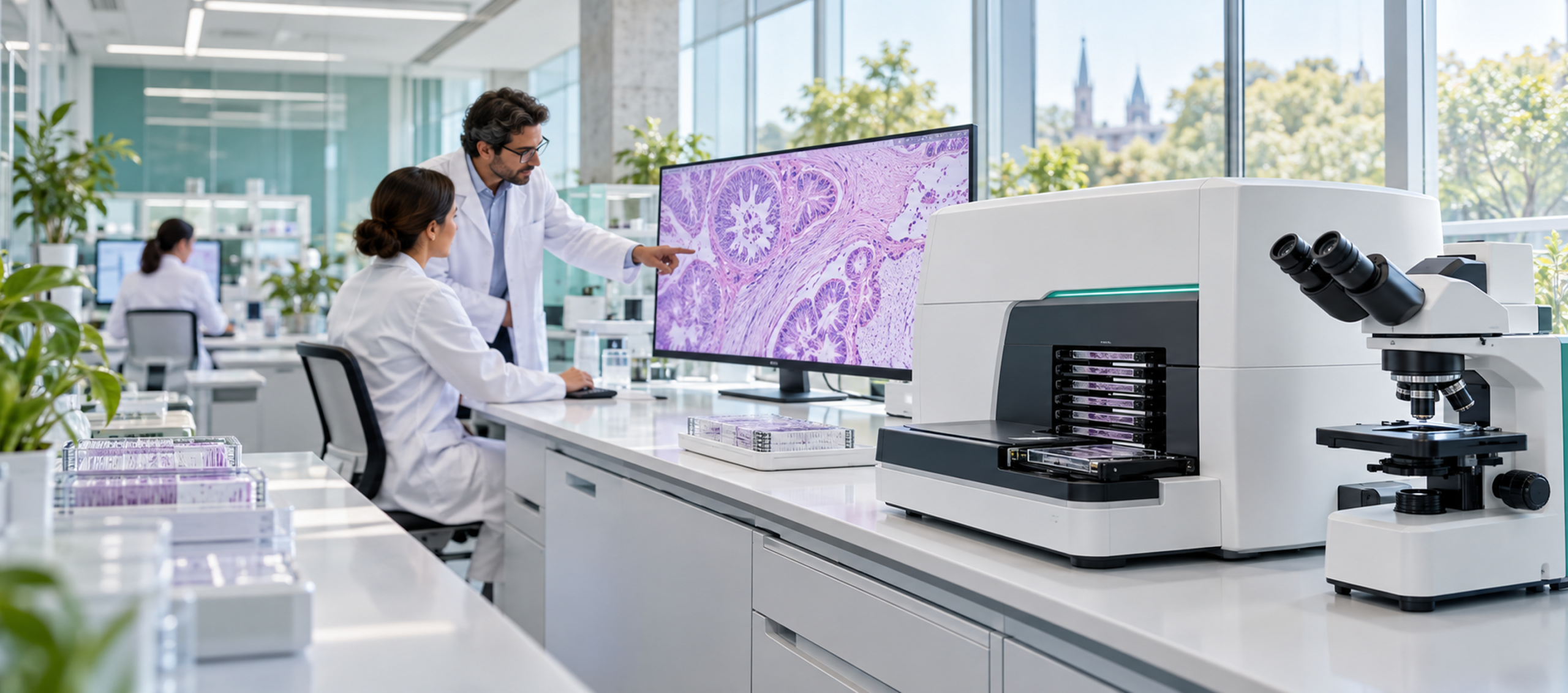 Two scientists collaborate in a modern lab, analyzing data on a large screen with advanced equipment and microscopes.